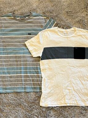RVCA Men’s White T‑Shirt with Black Chest Band & Blue‑Gray Striped Tee Pack